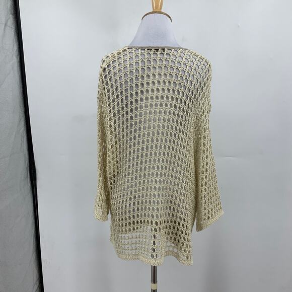 Zele Cardigan Womens M Medium Cream Flax Linen Open Knit Shell Button Pockets - Picture 5 of 11